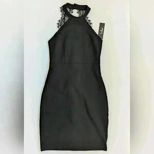 BNWT Black Stretch Lulu's Halterneck Cocktail Dress With Lace Accent Size S